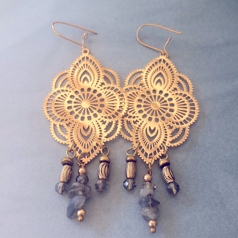 Gold Tone Boho Chic Blue Stone & Crystal Dangle Earrings